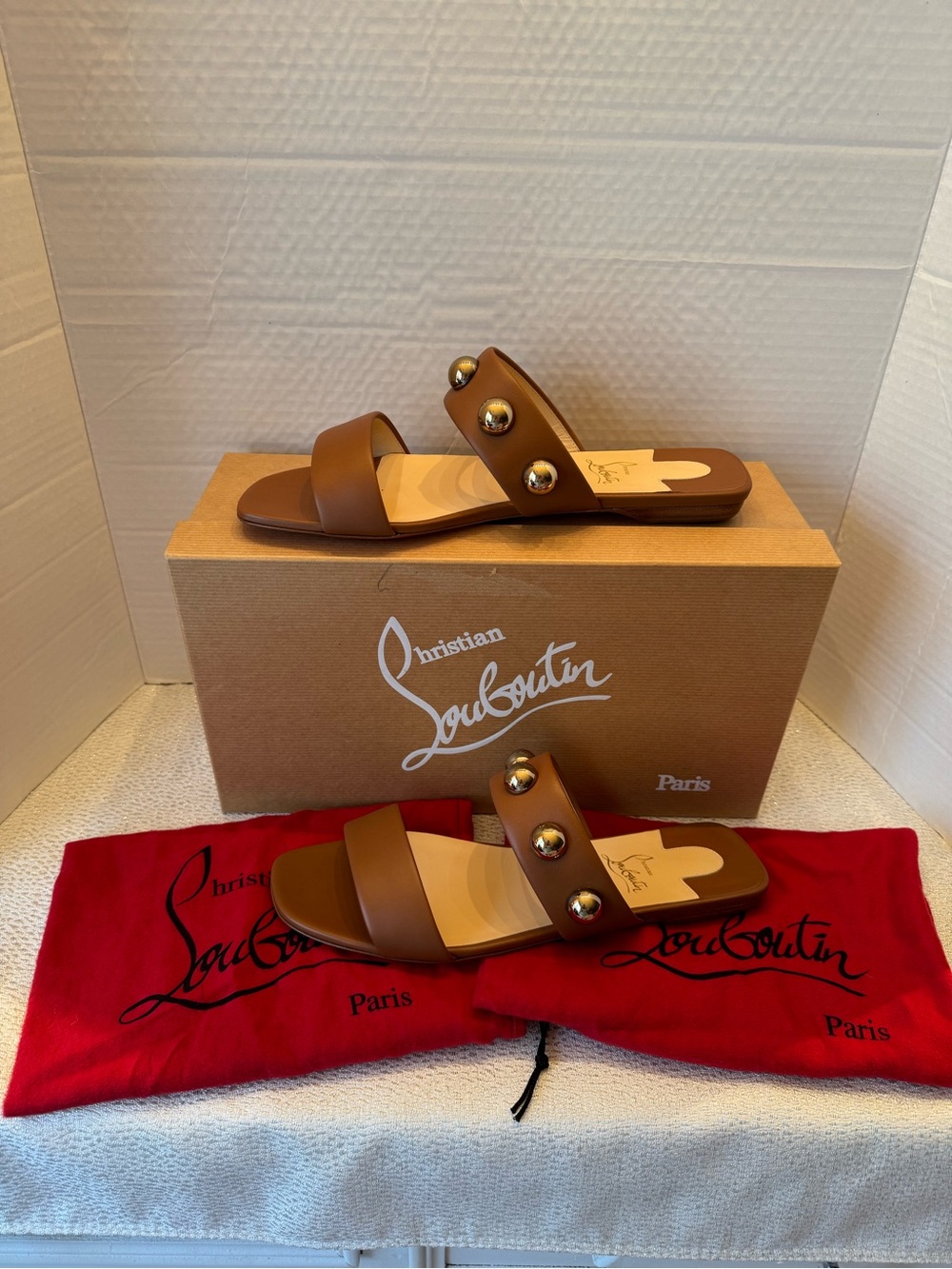 Christian Louboutin Tan Simple Billie Flat Slide Sandals with Gold Studs Size 40